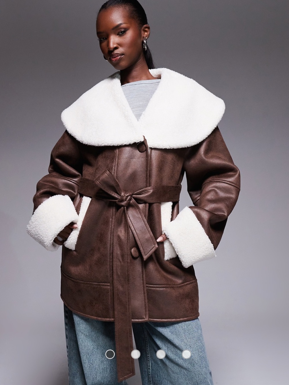 Brown Faux-Leather Belted Jacket with Cream Shearling Collar